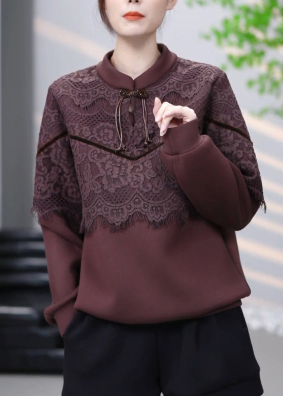 Brown Lace Patchwork Cotton Sweatshirt Winter