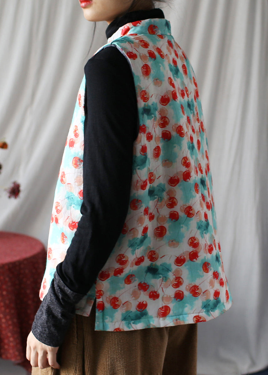 Stand Collar Tasseled Print Fine Cotton Filled Vest Sleeveless