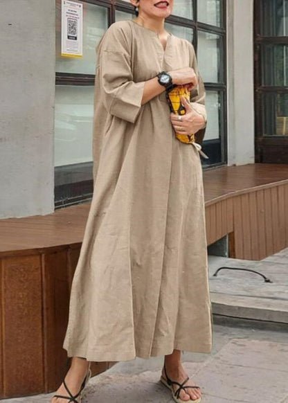 Khaki V Neck Cotton Maxi Dresses Summer