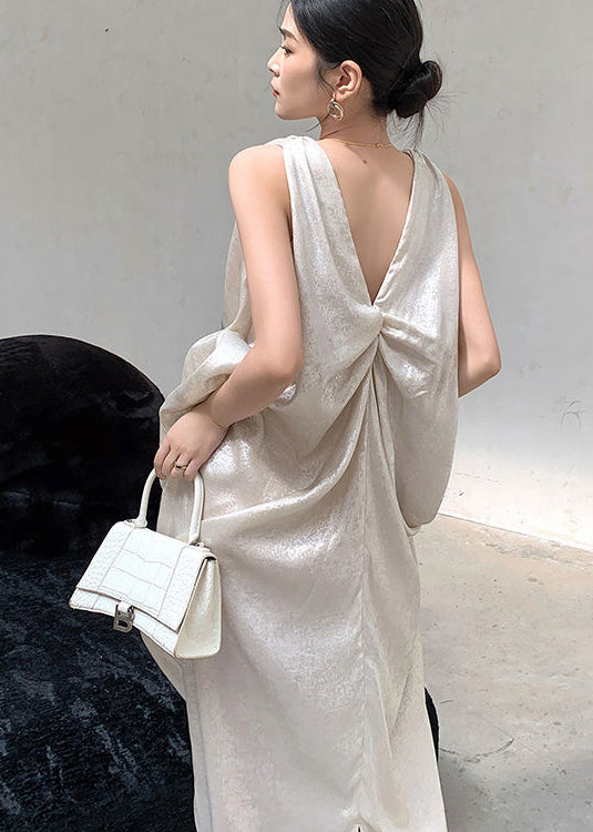 French Beige V Neck Wrinkled Silk Long Dress Sleeveless