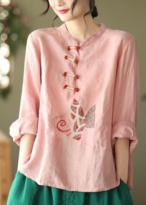 Pink O-neck Embroidered Linen Top Long Sleeve