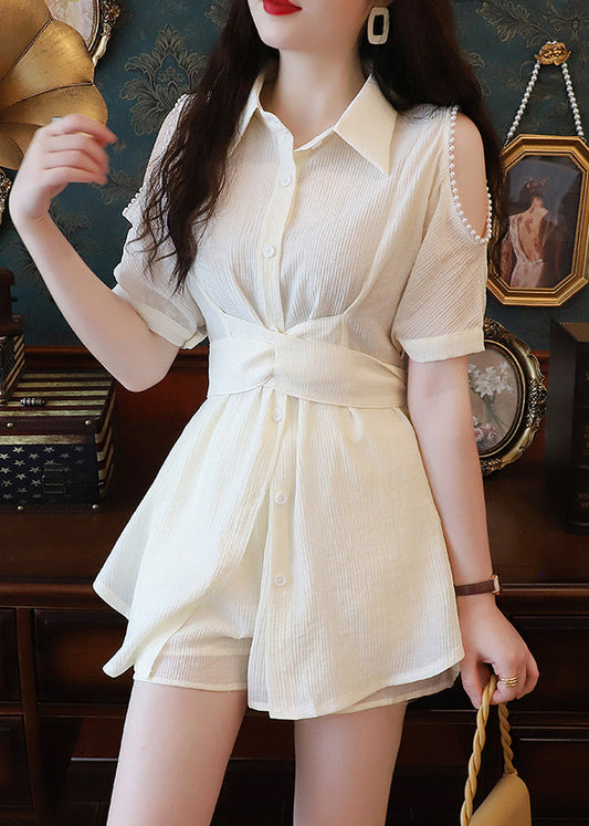 Beige Pearl Shirts and Shorts Cotton Two-piece Set Summer