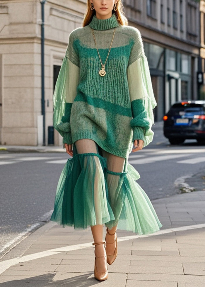 Green High Neck Patchwork Tulle Knitted Dress Fall