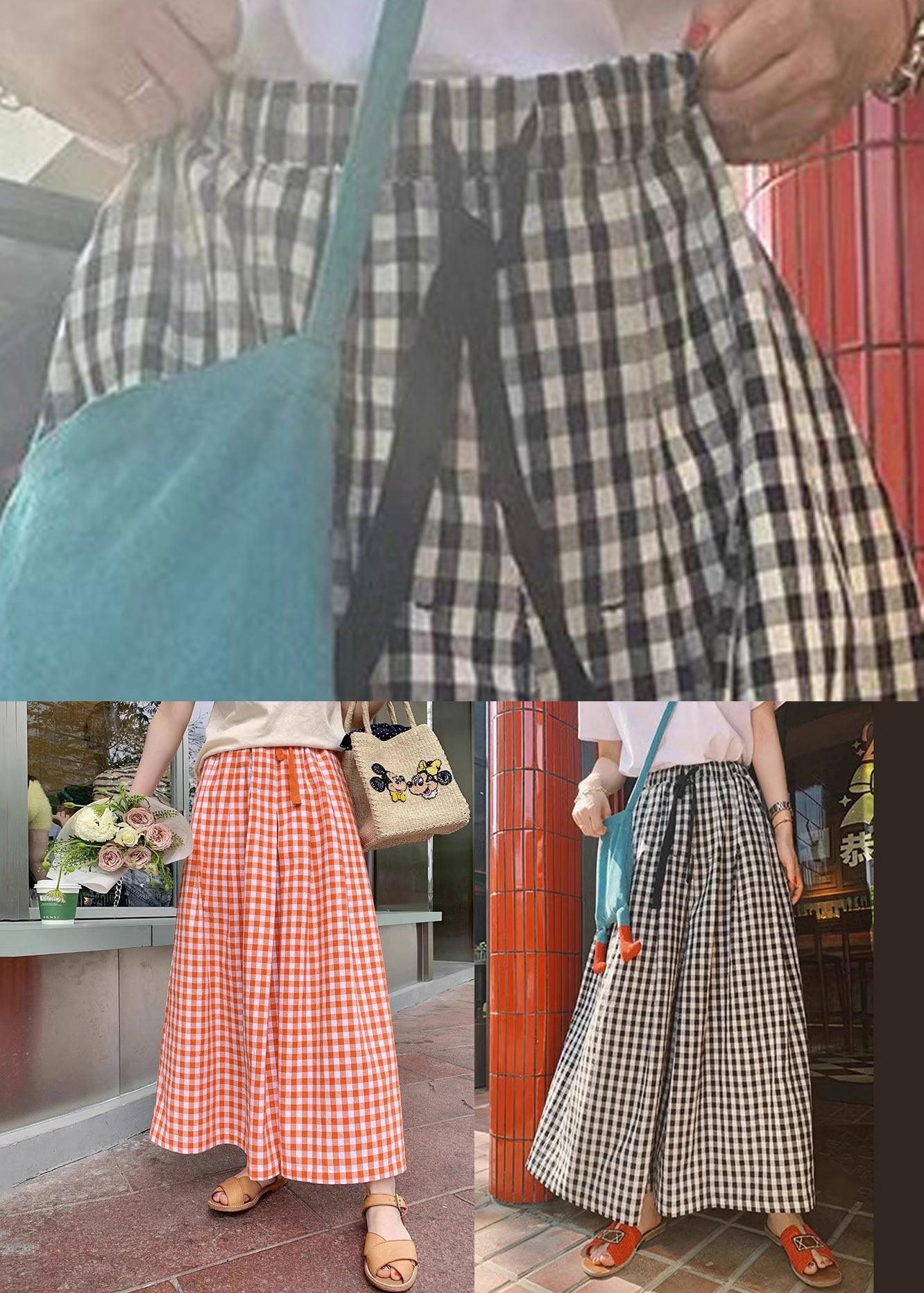 Red Pockets Drawstring Cotton Crop Pants Plaid Summer