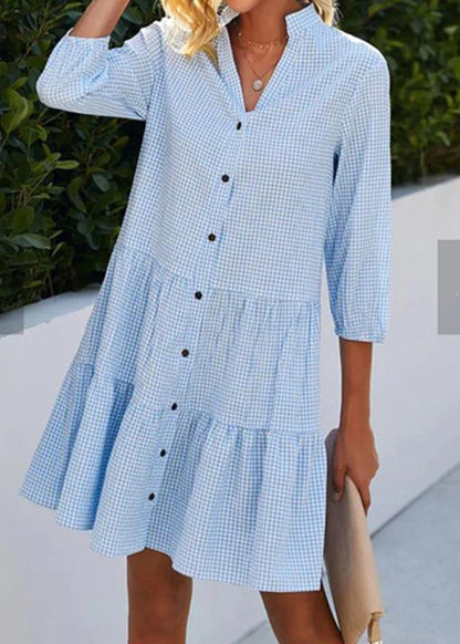 Blue Stand Collar Plaid Button Mid Shirts Dress Fall