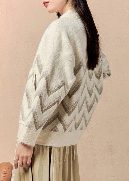 Beige V Neck Button Pockets Knit Coat Winter