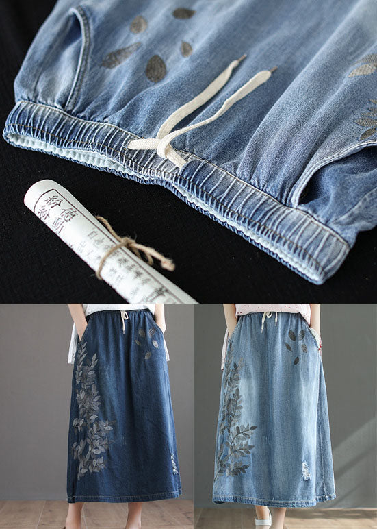 Dark Blue Pockets Cotton Denim Skirt Elastic Waist Ripped Summer