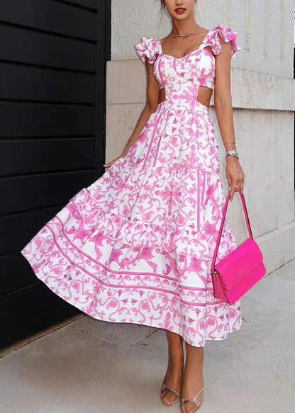 Pink Print Hollow Out Cotton Long Dresses Summer