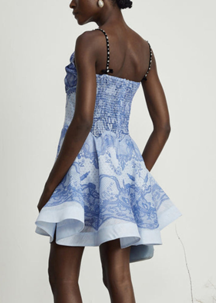Blue Print Hollow Out Cotton Spaghetti Strap Dress Sleeveless
