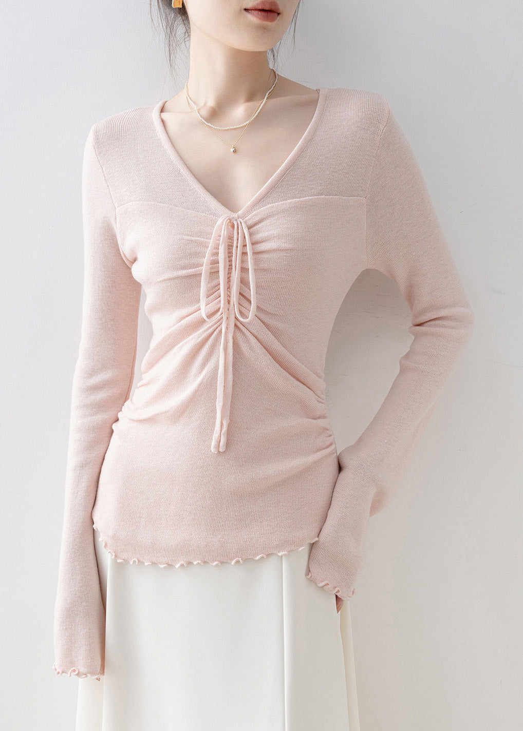 Pink V Neck Bow Knit Top Flare Sleeve