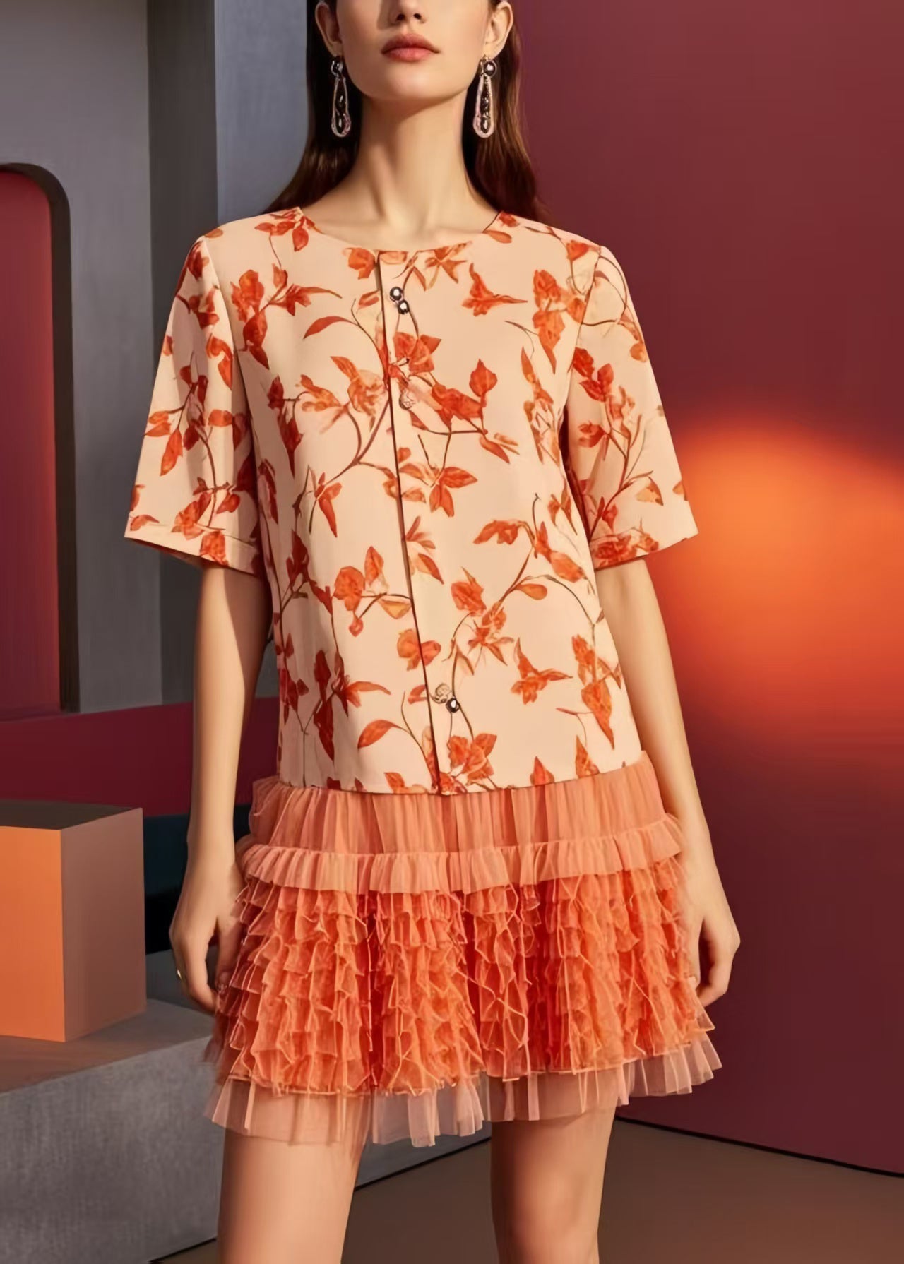 Orange Print Patchwork Ruffled Chiffon Mini Dresses Summer