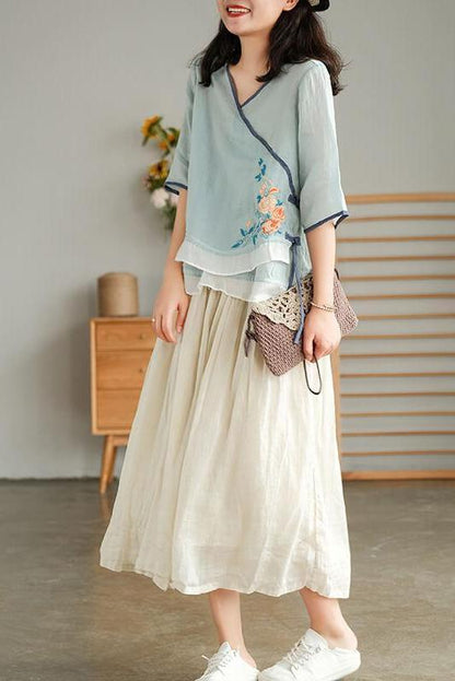 Lace-up Ramie Embroidered T-shirt
