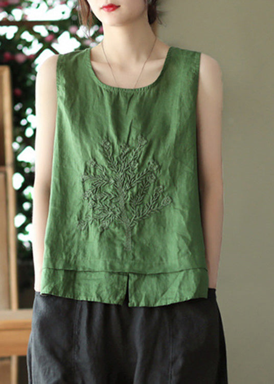 Green O-neck Embroidered Patchwork Side Open Linen Vest Summer