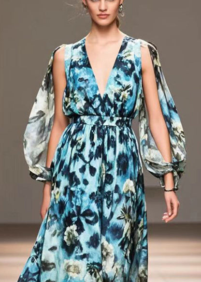 Blue Print Exra Large Hem Chiffon Long Dress Fall