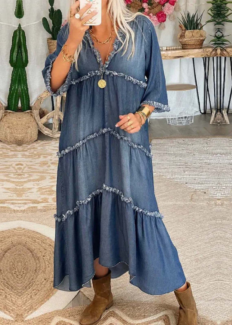 Navy V Neck Patchwork Tassel Denim Long Dress Half Sleeve