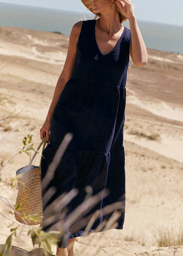 Apricot V Neck Wrinkled Patchwork Cotton Strap Dress Sleeveless