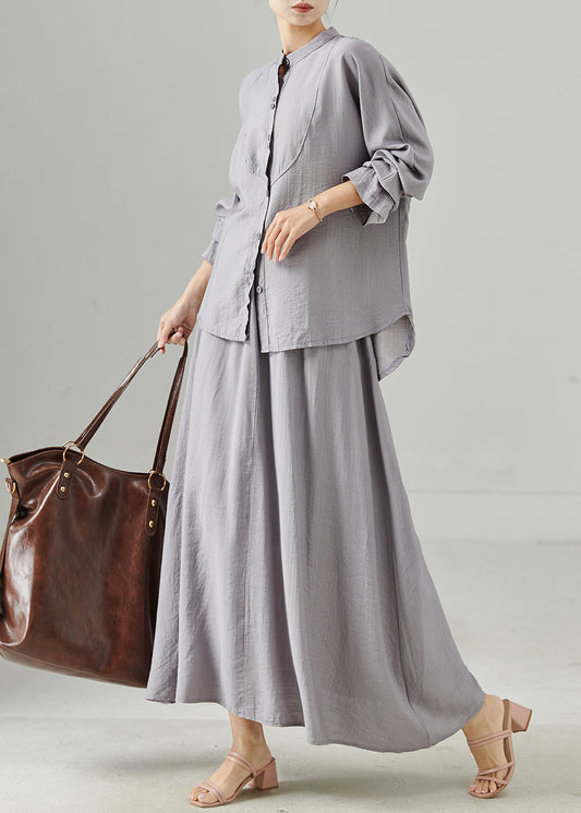 Grey Stand Collar Cotton Tops and Skirts Two Pieces Set Fall