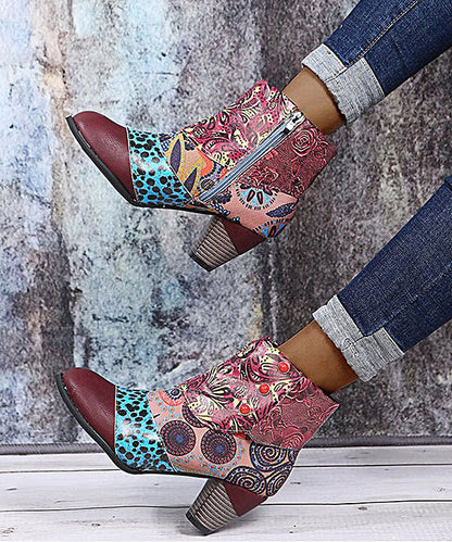 Retro Splicing Chunky Boots Brown Embossed Faux Leather