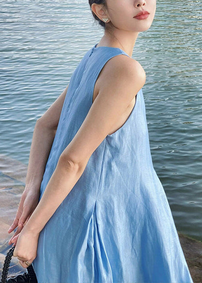 Blue Zip Up Cotton Maxi Dress Sleeveless