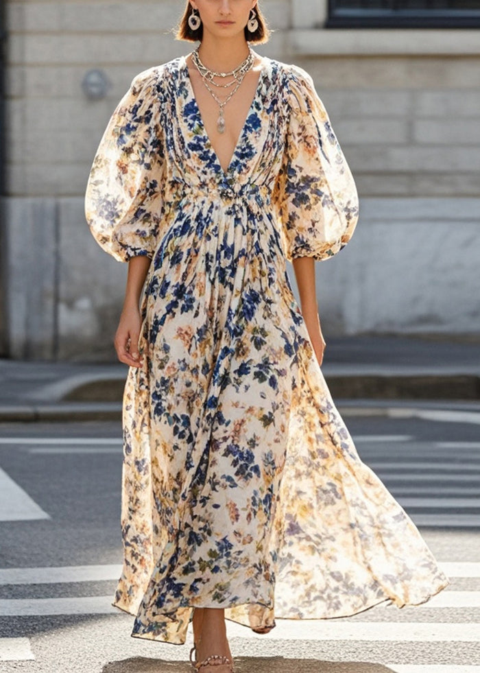 Khaki V Neck Print Chiffon Maxi Dresses Bracelet Sleeve