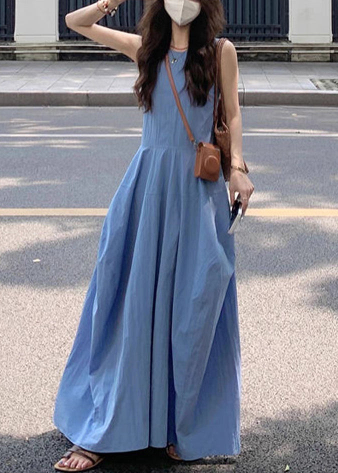 New Blue O Neck Pockets Cotton Long Dress Sleeveless