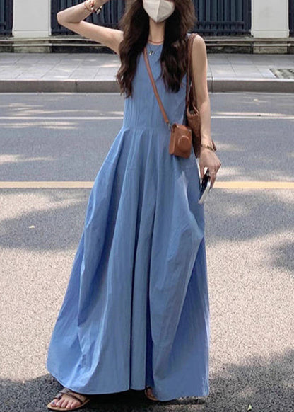 New Blue O Neck Pockets Cotton Long Dress Sleeveless