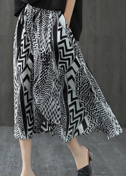 Black White Print Patchwork Pockets Elastic Waist Linen Skirt Summer