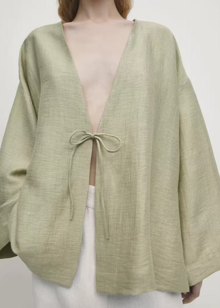 Green V Neck Lace Up Cotton Shirt Tops Fall
