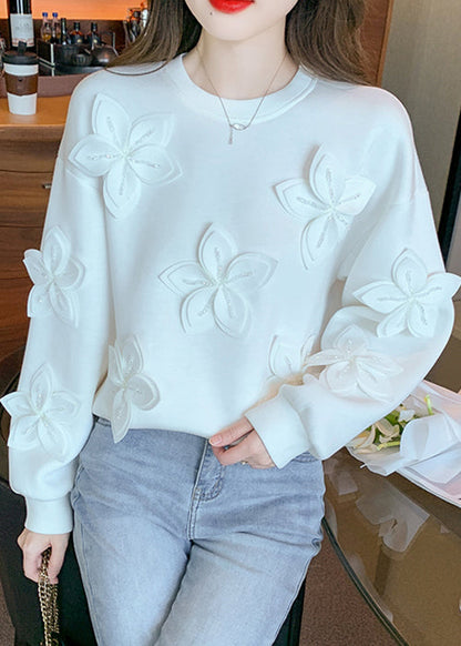 New White Patchwork Cotton T Shirt Fall