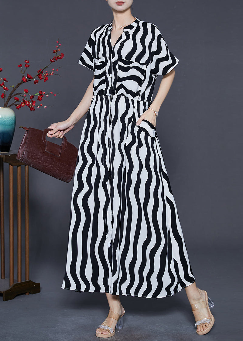 Black V Neck Striped Chiffon Dress Summer