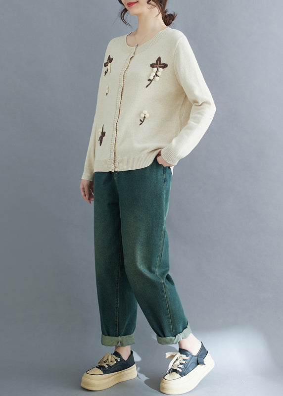 Handmade Beige Embroideried Knit Cardigan Winter