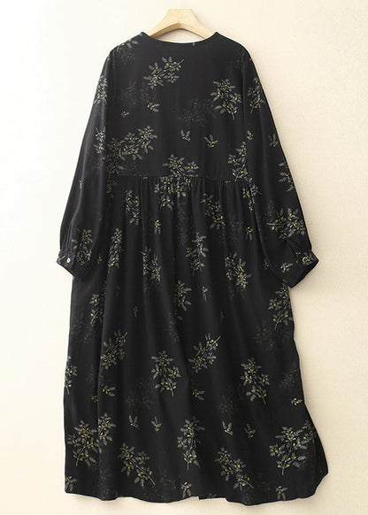 Diy Black Oversized Print Linen Maxi Dresses Spring