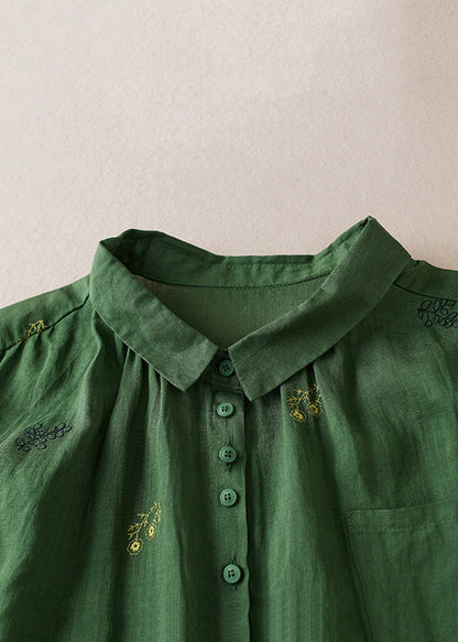 Green Peter Pan Collar Embroidered Patchwork Cotton Shirts Top Summer