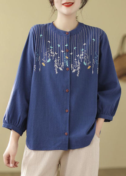 Loose Blue Embroidered Linen Blouses Long Sleeve