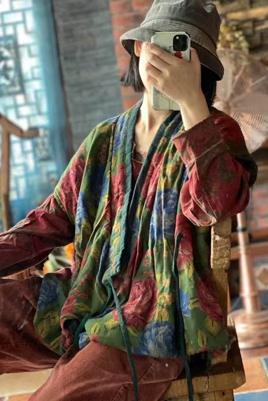 -red and Green Loose Padded Lace-up Jacket