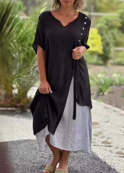 Loose Khaki V Neck False Two Pieces Patchwork Cotton Dress Summer