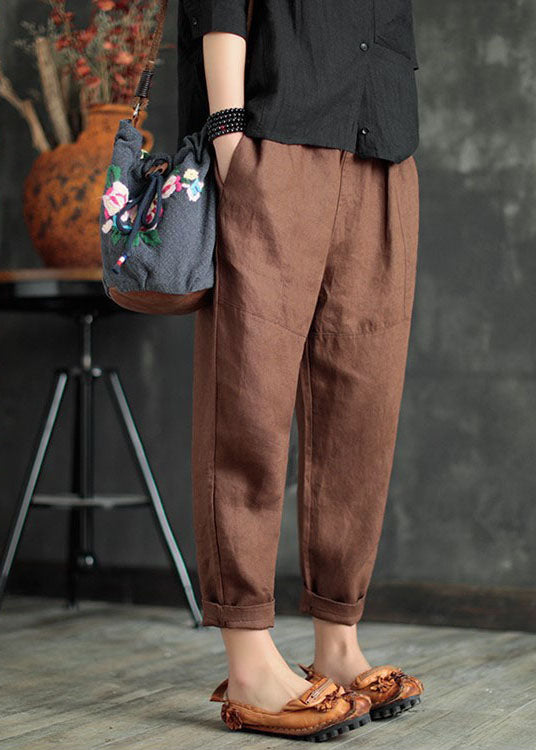 Chocolate Patchwork Linen Crop Pants Elastic Waist Color Summer