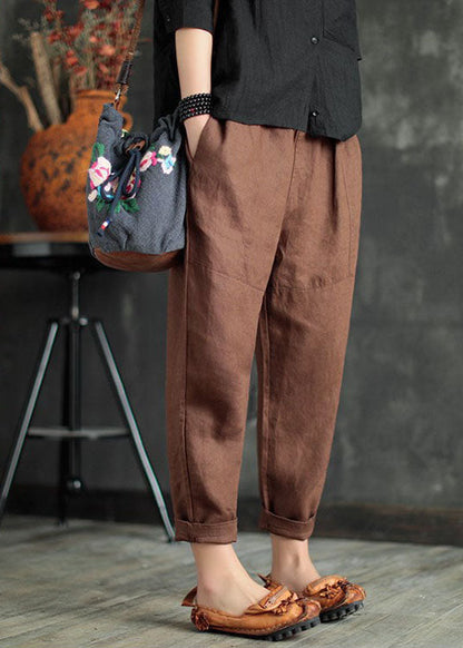 Chocolate Pockets Linen Harem Pants Elastic Waist Summer