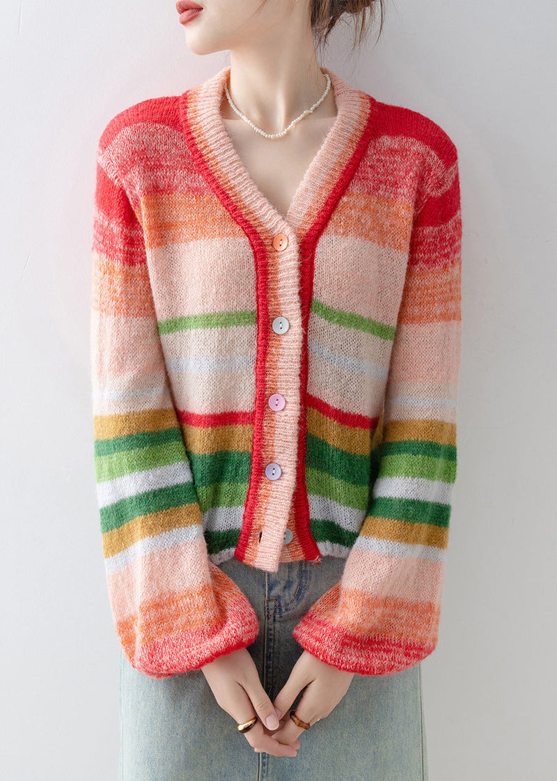 New V Neck Striped Button Knit Cardigans Spring
