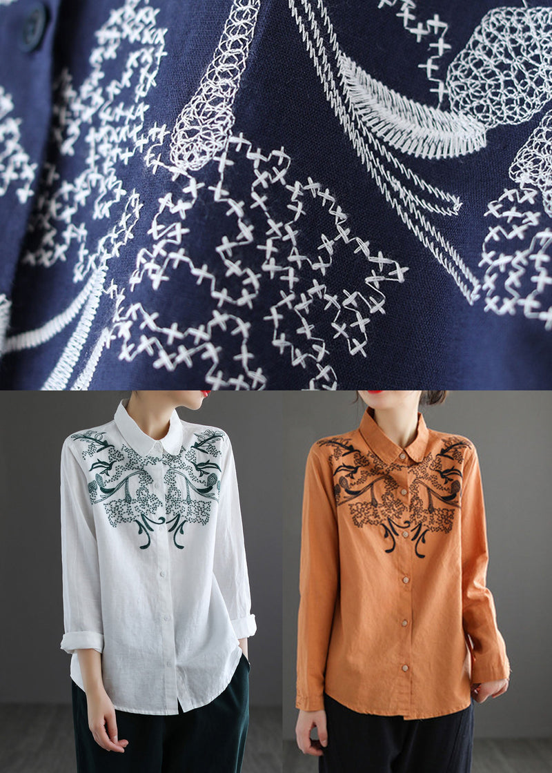 Classy Navy Peter Pan Collar Embroidered Cotton Blouses Long Sleeve