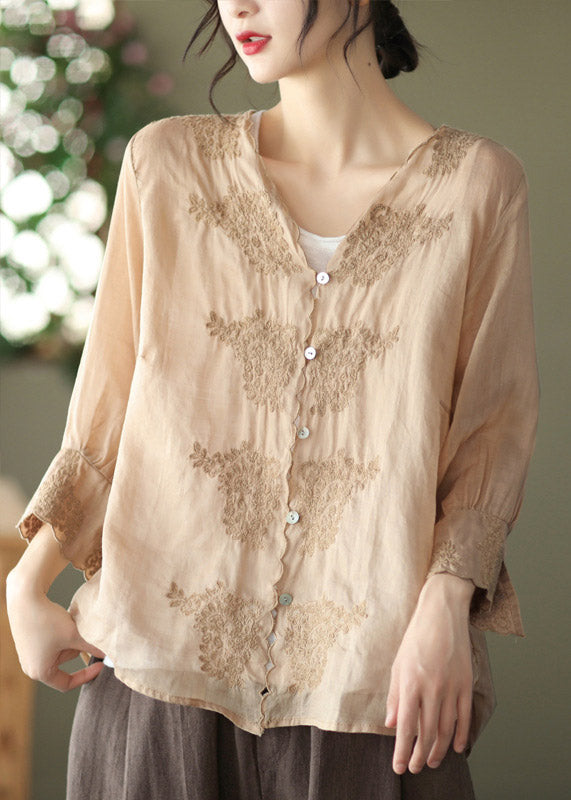 Khaki V Neck Embroidered Linen Shirt Long Sleeve