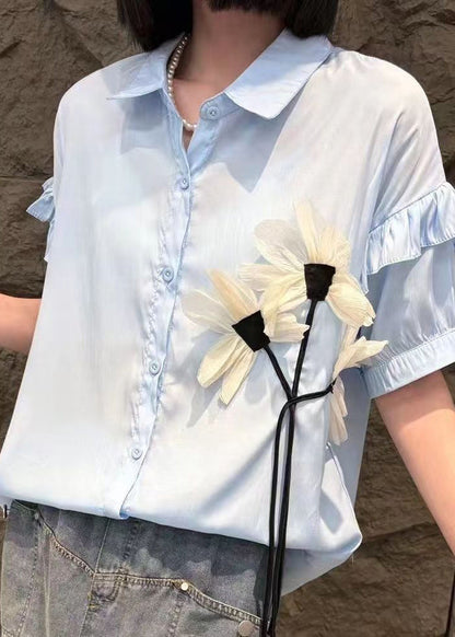Modern White Peter Pan Collar Shirts and Denim Skirts Two Pieces Set Short Sleeve
