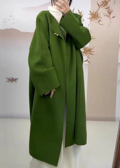 Classy Green O Neck Pockets Woolen Coat Fall
