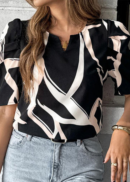 Black Apricot O Neck Print Cotton Top Summer