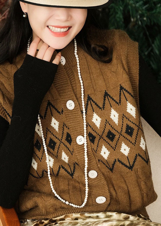 Coffee O Neck Jacquard Button Woolen Vest Sleeveless