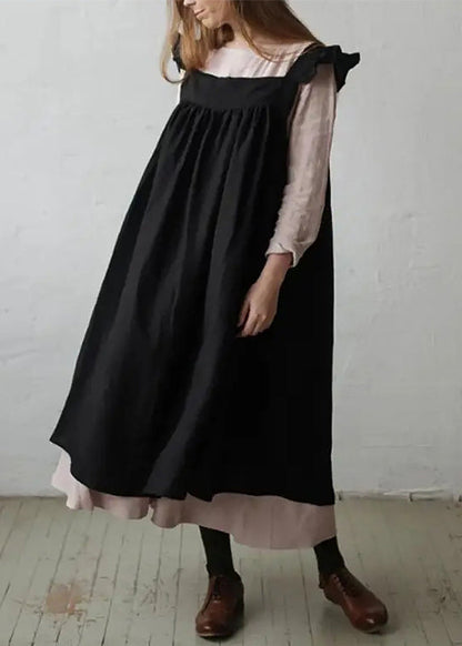 French Pink Square Collar Ruffled Cotton Spaghetti Strap Dress Summer