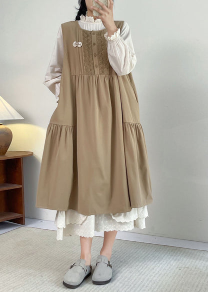 French Khaki O-neck Lace Patchwork Long Dress Sleeveless