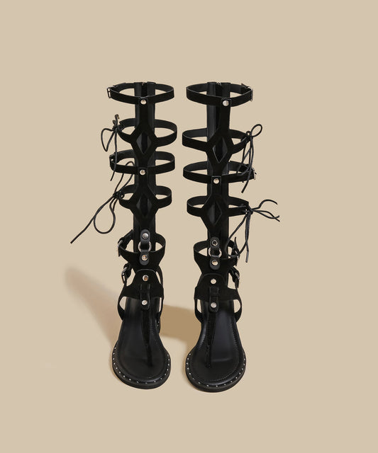 Black Lace Up Splicing Suede Wedge Gladiator Flip Flops