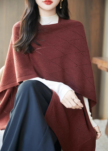 Art Red Hollow Out Knit Shawl Sweater Fall