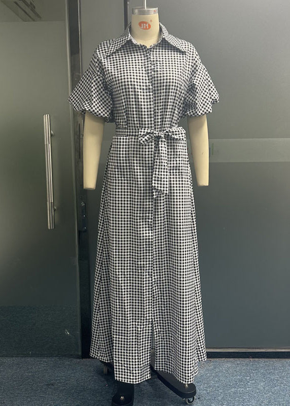 Grey Plaid Tie Waist Long Dresses Summer